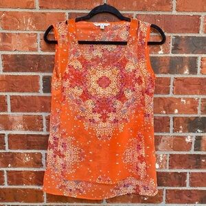 CAbi #268 Womens Small Merrow Edge Sheer Orange Floral Tank Blouse